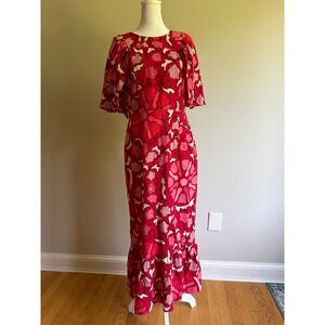 Rhode x Target linen blend Red Floral Boho Flutter Sleeve Maxi Size 6 Ruffle Hem